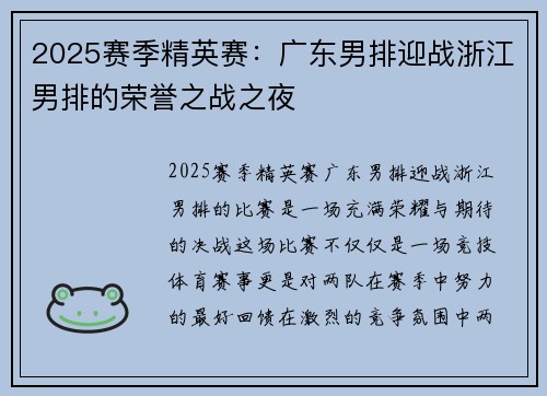 2025赛季精英赛：广东男排迎战浙江男排的荣誉之战之夜