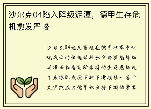 沙尔克04陷入降级泥潭，德甲生存危机愈发严峻