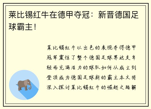 莱比锡红牛在德甲夺冠：新晋德国足球霸主！